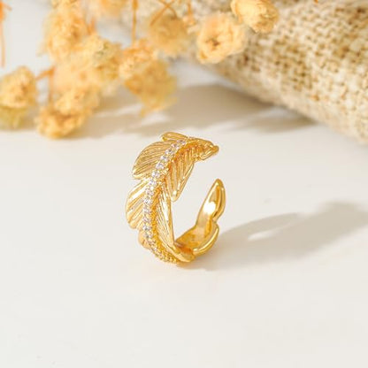 Gold Ear Cuff Earring for Women 14K Gold Plated Cubic Zirconia Non-Pierced Clip on Cartilage Chunky Ear Cuffs Hypoallergenic Jewelry - style: leaf