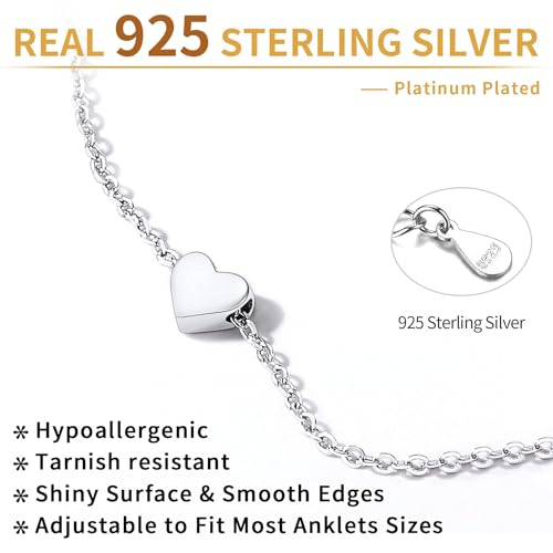 ChicSilver Personalized 925 Sterling Silver Tiny Heart/Moon/Star/Sun/Dot/Triangle Anklets Simple Dainty Foot Jewelry for Women, Silver/Gold Plated/Rose Gold Plated - style: Silver Heart