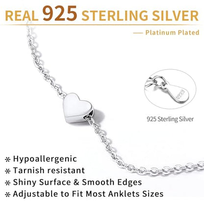 ChicSilver Personalized 925 Sterling Silver Tiny Heart/Moon/Star/Sun/Dot/Triangle Anklets Simple Dainty Foot Jewelry for Women, Silver/Gold Plated/Rose Gold Plated - style: Silver Heart