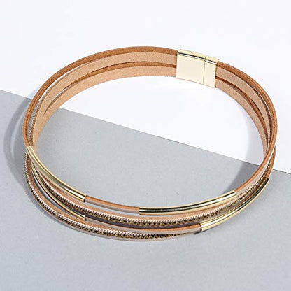 Artilady Leather Wrap Bracelet for Women, Pearl Beaded Bangle Stack Jewelry | Easy on-off, Elegant Handmade Multi-Layered, Daily Casual Date Beach Vacation, Gift for Ladies, Mother, Sister & Friend - style: Dark Brown with Gold ba
