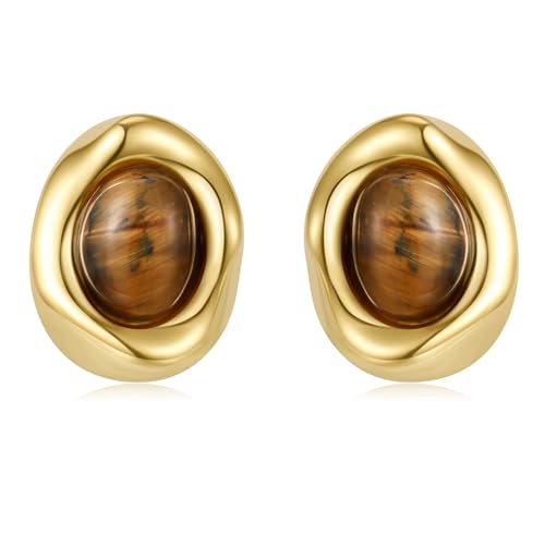 Brown Earrings Circle Chunky Earrings for Women Trendy 18K Gold Plated Stud Hoop Stainless Steel Hypoallergenic - color: Oval Stud Brown Color