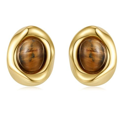 Brown Earrings Circle Chunky Earrings for Women Trendy 18K Gold Plated Stud Hoop Stainless Steel Hypoallergenic - color: Oval Stud Brown Color