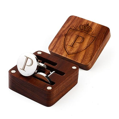 Mens Initial Silver Cufflinks A-Z Alphabet Letter Steel Cuff Links with Engraved Walnut Wood Box Groom Groomsman Wedding Set… - style: P