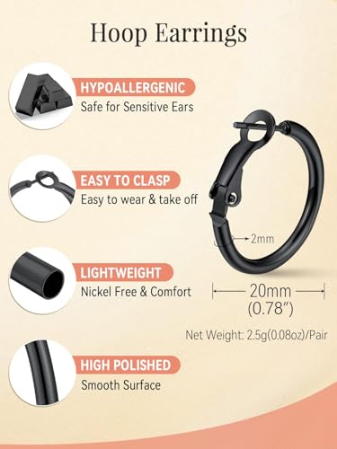 FaithHeart Silver/Black/Gold Stainless Steel Thin Hoop Earrings for Women | 2mm Wide Thin Large Hoop Earrings, Hypoallergenic Lightweight Trendy Jewelry, 20/30/40/50/60/70/80/90/100mm - color: Black, size: 20mm/0.78"