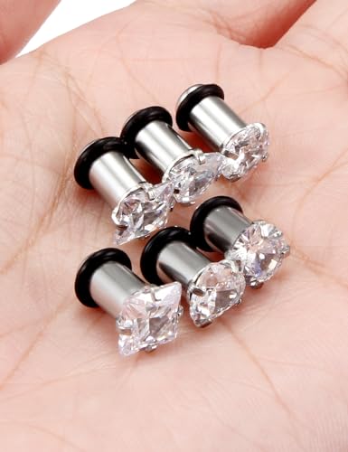 Jenxnjsjo 14g to 7/8in Ear Gauges Plugs Tunnels Taper Earrings Stretching Expander Kit Set for Women Men - color: 061: Cubic Zirconia, Clear, 3Pairs, size: 4g (5mm)