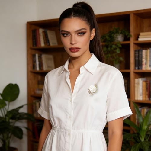 Handmade Elegant Red Rose Flower Brooch Pin for Women Crystal Pearl Fabric Flower Lapel Pin Dress Suit Accessories - color: White A