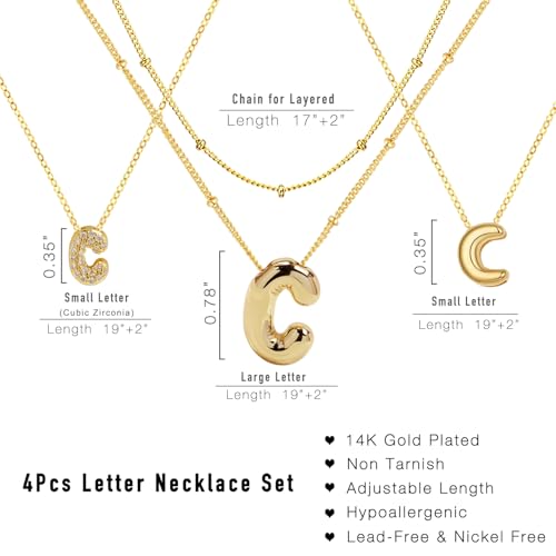 stino 4PCs Bubble Initial Letter Necklace Set, No Tarnish 14K Gold Plated Alphabet Pendant, Jewelry for Women - style: C