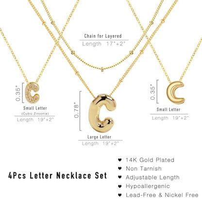 stino 4PCs Bubble Initial Letter Necklace Set, No Tarnish 14K Gold Plated Alphabet Pendant, Jewelry for Women - style: C