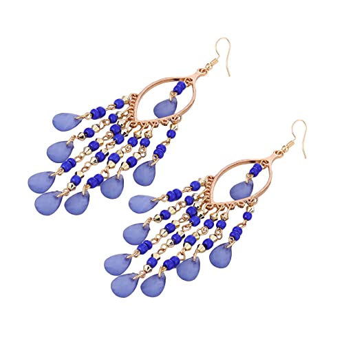 Essencedelight Crystal Beaded Tassel Earring Long Beaded Dangle Earring Fringe Hook Earring for Women Bridal Wedding - color: blue