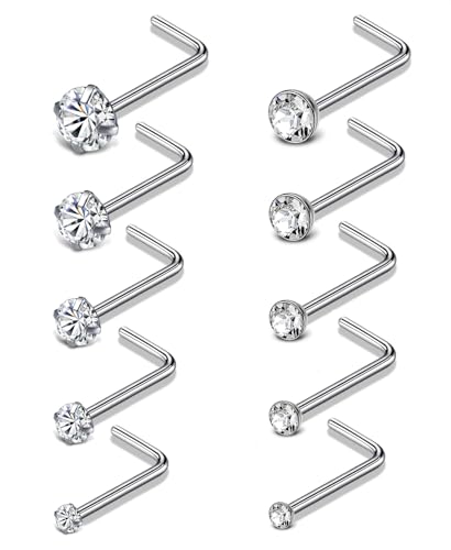 20G 10Pcs Stainless Steel L Screw Bone Shaped Nose Studs Rings Square Round CZ Nose Ring Labret Nose Piercing Jewelry for Men Women Silver Tone 1.5mm-2mm-2.5mm-3mm-3.5mm CZ - style: A1:10Pcs,L Shaped(G23 Titanium)
