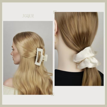 8 Pcs Claw Clips and Hair Scrunchies Set – Square Hair Clips for Women, Medium Non-Slip Matte, Large Satin Scrunchies, Hair Accessories for Thick Thin Hair, Party, Daily Use, Black&Beige - color: Classic Black & Cream