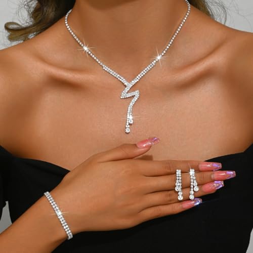 MIFYNN Rhinestone Wedding Set for Women Sparkle Crystal Earrings Necklace Bracelet Jewelry Set Wedding Party Prom Jewelry Set for Brides Bridesmaid - color: Silver2