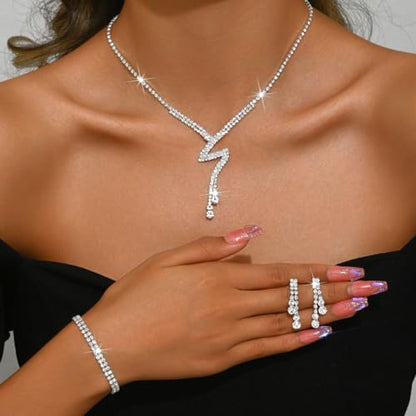 MIFYNN Rhinestone Wedding Set for Women Sparkle Crystal Earrings Necklace Bracelet Jewelry Set Wedding Party Prom Jewelry Set for Brides Bridesmaid - color: Silver2