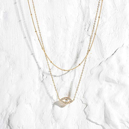 MEVECCO Dainty Pendant Layered Necklaces for Women | 18K Gold Plated Brass, 2-Piece Set With A Choker-Length Upper Layer, Wear Together Or Separately, Refined Everyday Style - style: layer evil eye