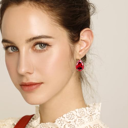 14K Gold Teardrop Crystal Leverback Earrings Sparkly Rhinestone Water Droplet Dangle Drop Earrings For Women - color: Red