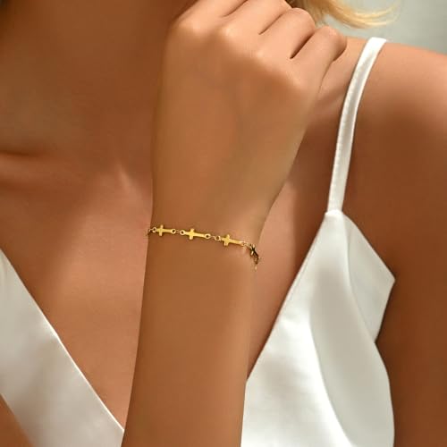 18K Gold Plated Pearl Beaded Cross Bracelets for Women Adjustable Stainless Steel Dainty Thin Gold Box Cuban Twisted Link Chain Bracelet Bridesmaid Jewelry Gifts - color: Multi Cross-Gold