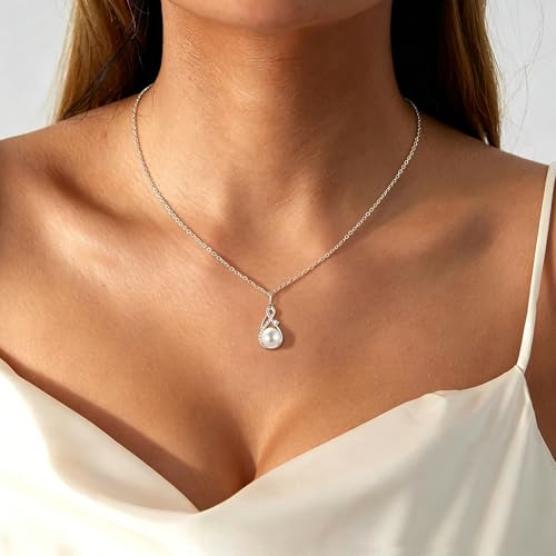 Freshwater Pearl Necklace for Women | 14K Gold Plated Infinity Pendant Fine Jewelry | Dainty Everyday Layering Chain with Lobster Clasp - color: Silver Moissanite
