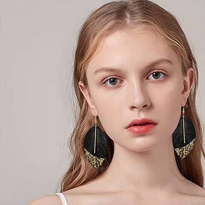 Bohemian Handmade Lightweight Color Large Genuine Soft Leather Fringe Feather Leaf Tear Dangle Drop Earrings for Women Statement - color: 2-Black