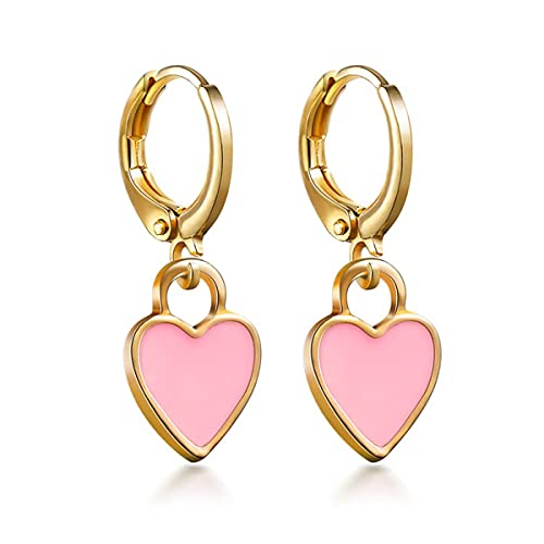 Preppy Earrings for Women Smile Face Heart Charms Pendants Gold Small Huggie Hoop Dangle Drop Earrings Trendy Y2K Jewelry Gifts - color: Heart-Pink