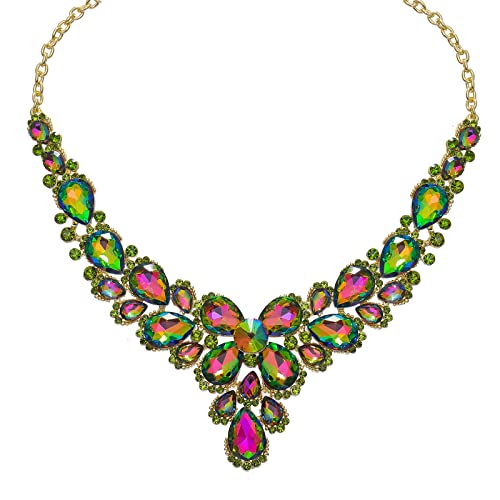 Women's Wedding Bridal Austrian Crystal Glass Teardrop Statement Necklace Dangle Earrings Bracelet Ring Wedding Party Jewelry Set for Bridal Bridesmaid - color: Rainbow-Gold Plated