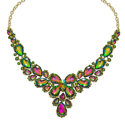 Women's Wedding Bridal Austrian Crystal Glass Teardrop Statement Necklace Dangle Earrings Bracelet Ring Wedding Party Jewelry Set for Bridal Bridesmaid - color: Rainbow-Gold Plated