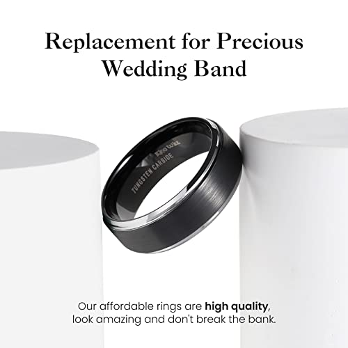 King Will Mens Brushed Wedding Band, Two Tone Matte Step Edges/Pipe Cut, Tungsten Carbide Anniversary Promise Rings Comfort Fit - color: Black&Silver Edge-8mm
