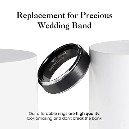 King Will Mens Brushed Wedding Band, Two Tone Matte Step Edges/Pipe Cut, Tungsten Carbide Anniversary Promise Rings Comfort Fit - color: Black&Silver Edge-8mm