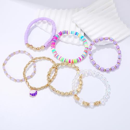 Summer Surfer Heishi Bracelet Set for Women Stackable Gold Plated Clay Ploymer Bead Stretch Pink Beach Layering Bracelets Jewelry - color: A-Purple shell charm 7pcs