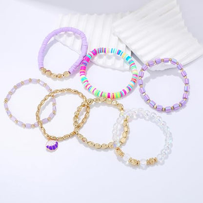 Summer Surfer Heishi Bracelet Set for Women Stackable Gold Plated Clay Ploymer Bead Stretch Pink Beach Layering Bracelets Jewelry - color: A-Purple shell charm 7pcs