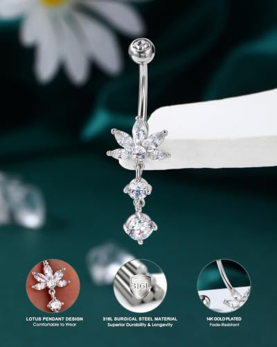 Dangle Lotus Belly Button Rings 14G Dangle Belly Navel Rings for Women Flower Belly Button Piercing - color: WG-10MM