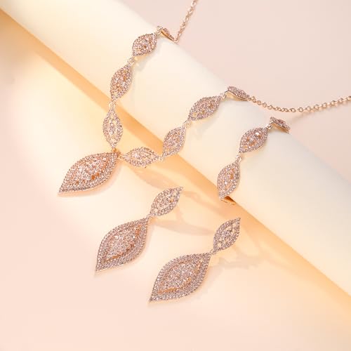 Flyonce Wedding Jewelry Set Rhinestone Crystal Bridal Leaf Necklace Drop Dangle Chandelier Earrings Sets for Women - color: Champagne Color