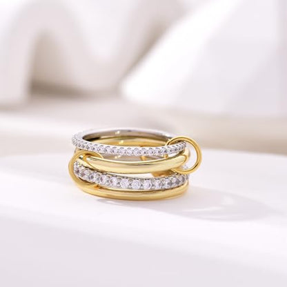 14K Gold Plated Interlocked Stackable Rings for Women Non Tarnish,Gold and Silver Cubic Zirconia Statement Rings Set,Mixed Metals Ring Two-Toned Connected Bands Stacking Jewelry - color: 2*silver rings & 2*gold rings
