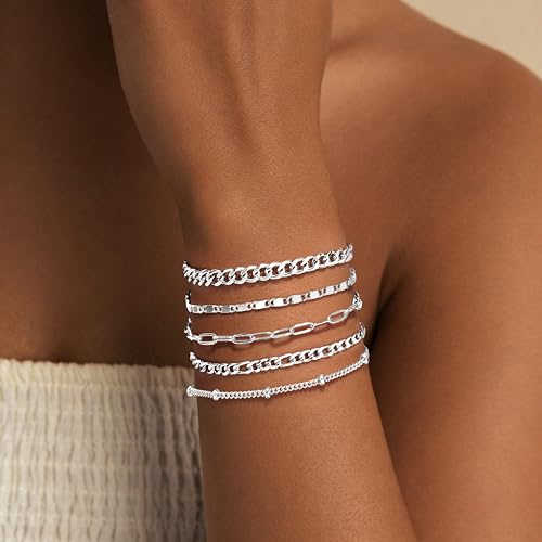 Gold Bracelets Set for Women Non Tarnish Trendy,14K Gold Plated Dainty Stackable Paperclip Cuban Link Chain Bracelets, Simple Cute Cuff Bracelets Jewelry Set Adjustable 7"+2" - color: Silver