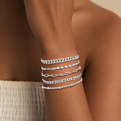 Gold Bracelets Set for Women Non Tarnish Trendy,14K Gold Plated Dainty Stackable Paperclip Cuban Link Chain Bracelets, Simple Cute Cuff Bracelets Jewelry Set Adjustable 7"+2" - color: Silver