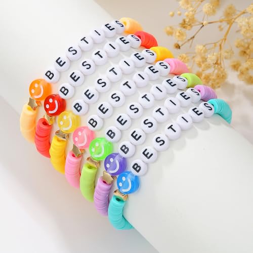 Friendship Bracelets for Women - Heishi Surfer Colorful Smile Evil Eye Clay Beaded Stretch Bracelets Elastic Layering - Stackable Boho Disc Y2K Aesthetic Summer Jewelry Set. - color: Besties Bracelets 7pc