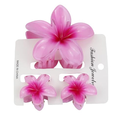 Flower Hair Claw Clip Set,1 Pc Large and 2 Pcs Small Hawaiian Plumeria Claw Clips,Beach Tropical Hair Accessories for Women (Pink) - color: Pink