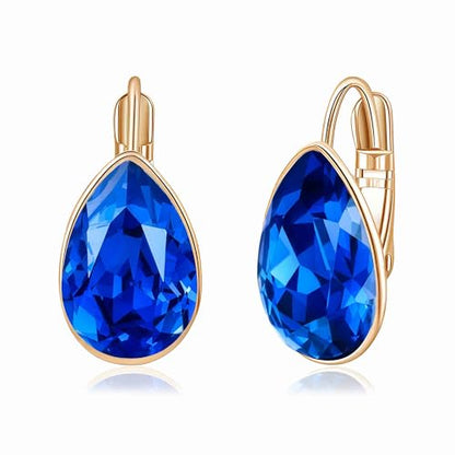 Austrian Crystal Teardrop Leverback Drop Earrings for Women | 14K Gold-Plated Finish, Sparkling Pear Stone, Smooth Bezel Frame, Secure Leverback Closure, Dainty Day-To-Evening Style - color: Sapphire