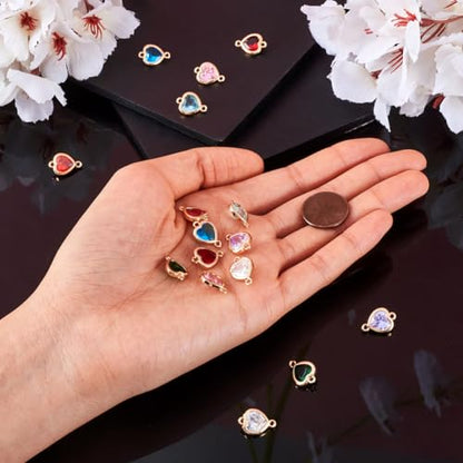 FASHEWELRY 16pcs Crystal Heart Charm Links Gold Plated Glass Heart Connector Pendants 14x10x4.5mm Double Loop for DIY Necklace Bracelet Jewelry Making Valentine's Day - color: Mixed Color Heart