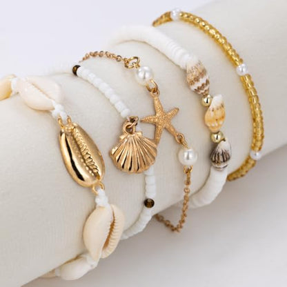 Beaded Anklet Bracelets For Women Waterproof Gold Anklets Jewelry Set Stack | non tarnish free pearl puka seashell beach boho stretchy anklet for summer dainty and tewiky gold plated - color: Beaded Shell