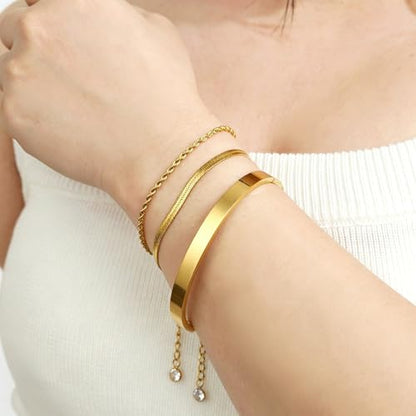 Waterproof Gold Bangle Bracelet sets for Women, 18K Gold PVD Plated Stainless Steel Stackable Bracelets Non Tarnish Oval Design, Minimalist Trendy Premium Jewelry - color: Gold 3pcs