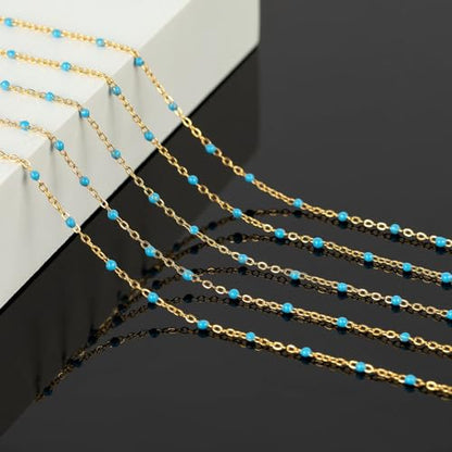 KYUNHOO 16.4 Feet Light Blue Beaded Chain Spool for Jewelry Making Supplies | Gold Plated Stainless Steel Jewelry Making Chains Bulk with Lobster Clasps Jump Rings for Jewelry Crafts DIY - color: Gold-Blue-2mm
