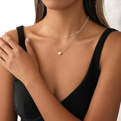 Layered Gold Necklace Set for Women Dainty Waterproof Cute Choker | 14K Gold Plated Minimalist Non Tarnish Lightweight CZ Pendant Pearl Twist Paperclip Chain Jewelry Gifts - style: 2PCS-Heart pendant-GD