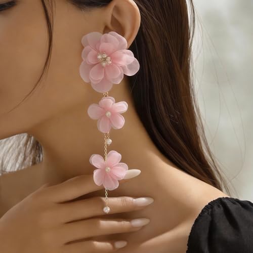 Flower Earrings for Women Long Fabric Flower Tassel Earrings Bohemian Handmade Floral Statement Earring Wedding Prom Jewelry Gifts - color: A4：pink