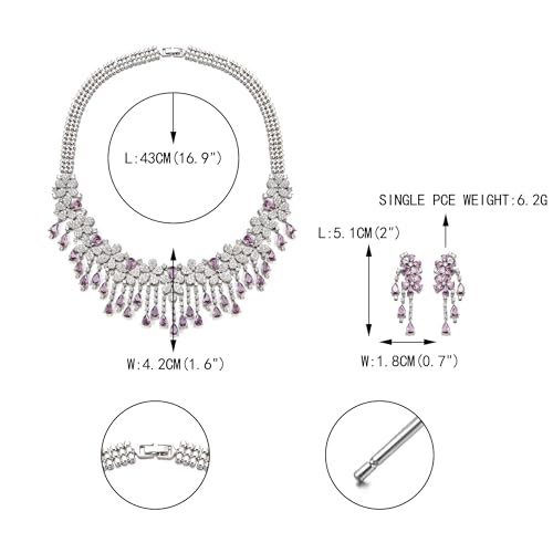 EVER FAITH Bridal Jewelry for Bride Bridesmaid, Elegant Cubic Zirconia Birthstone Cluster Flower Teardrop Wedding Party Necklace Dangle Earrings Sets for Women - color: Purple