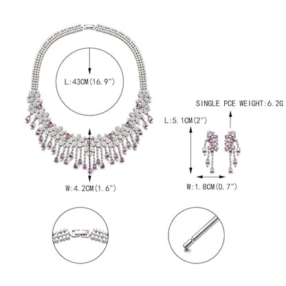 EVER FAITH Bridal Jewelry for Bride Bridesmaid, Elegant Cubic Zirconia Birthstone Cluster Flower Teardrop Wedding Party Necklace Dangle Earrings Sets for Women - color: Purple