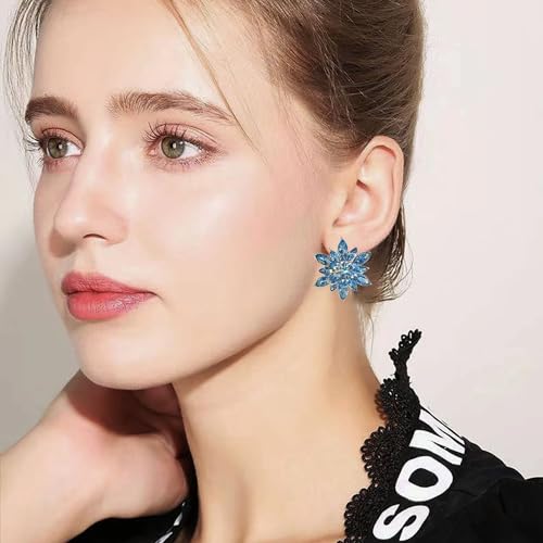 Crystal Flower Burst Stud Earrings Large Big Sparkly CZ Cubic Rhinestone Floral Cluster Flower Stud Earrings Bridal Wedding Party - color: Blue