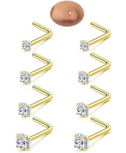 8PCS 18G 20G 22G Nose Studs, Hypoallergenic L Shaped Nose Rings Set | Gold/silver styles, 316L Surgical Stainless Steel, CZ sizes 1.5-3mm, secure fit for sensitive skin and daily wear - color: 20G L-Shaped Gold