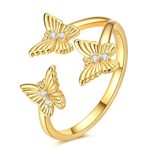 LAZA 925 Sterling Silver Ring for Women Statement Adjustable Open Ring | 14K Gold Plated Butterfly Cat Fish Evil Eye Flower Cross CZ Stackable Trendy Eternity Ring for Women Jewelry Gifts - color: Butterfly