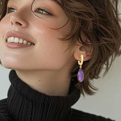 Geometric 14K Gold Crystal Stone Quartz Gemstone Leverback U Hoop Drop Dangle Earrings Jewelry for Women - color: C04