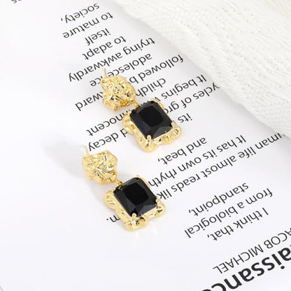 Chunky Gold Geometric Stud Earrings Trendy Vintage 14K Gold Plated Black Cubic Zirconia Statement Cocktail Earrings Dupes Jewelry for Women - style: Black Dangle